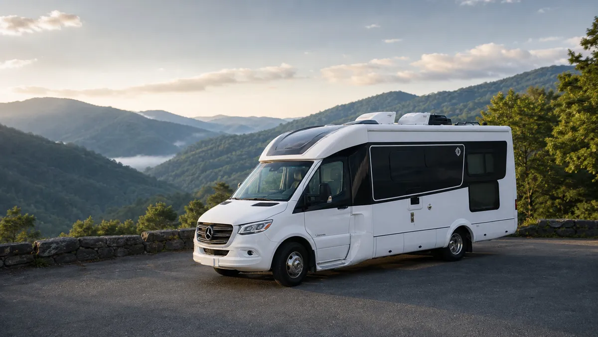 Leisure Travel Vans Unity coach parked at a Blue Ridge mountain overlook