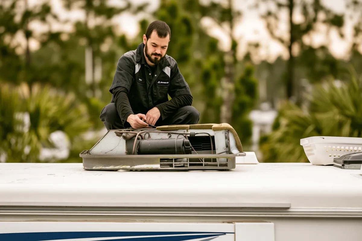Stream RV technician repairing a rooftop air conditioner on an RV roof