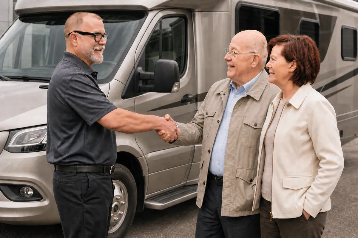 An RV owner shaking hands with a Stream RV team member after selling their motorhome
