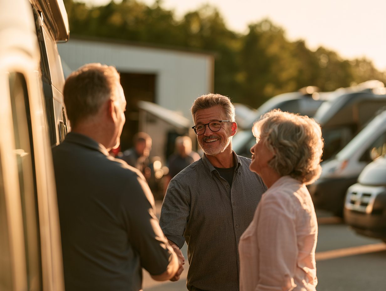 Stream RV team member shaking hands with customers at the Creedmoor lot